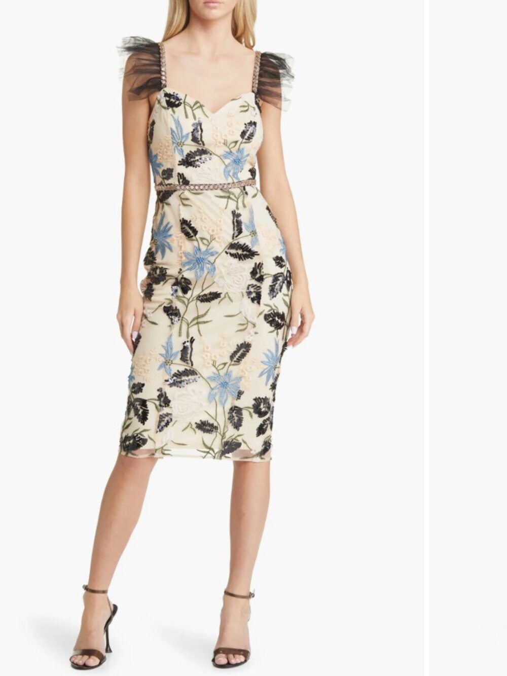 Lulus Showstopper Midi Dress Creme Cocktail Dress with Black Tulle and Floral